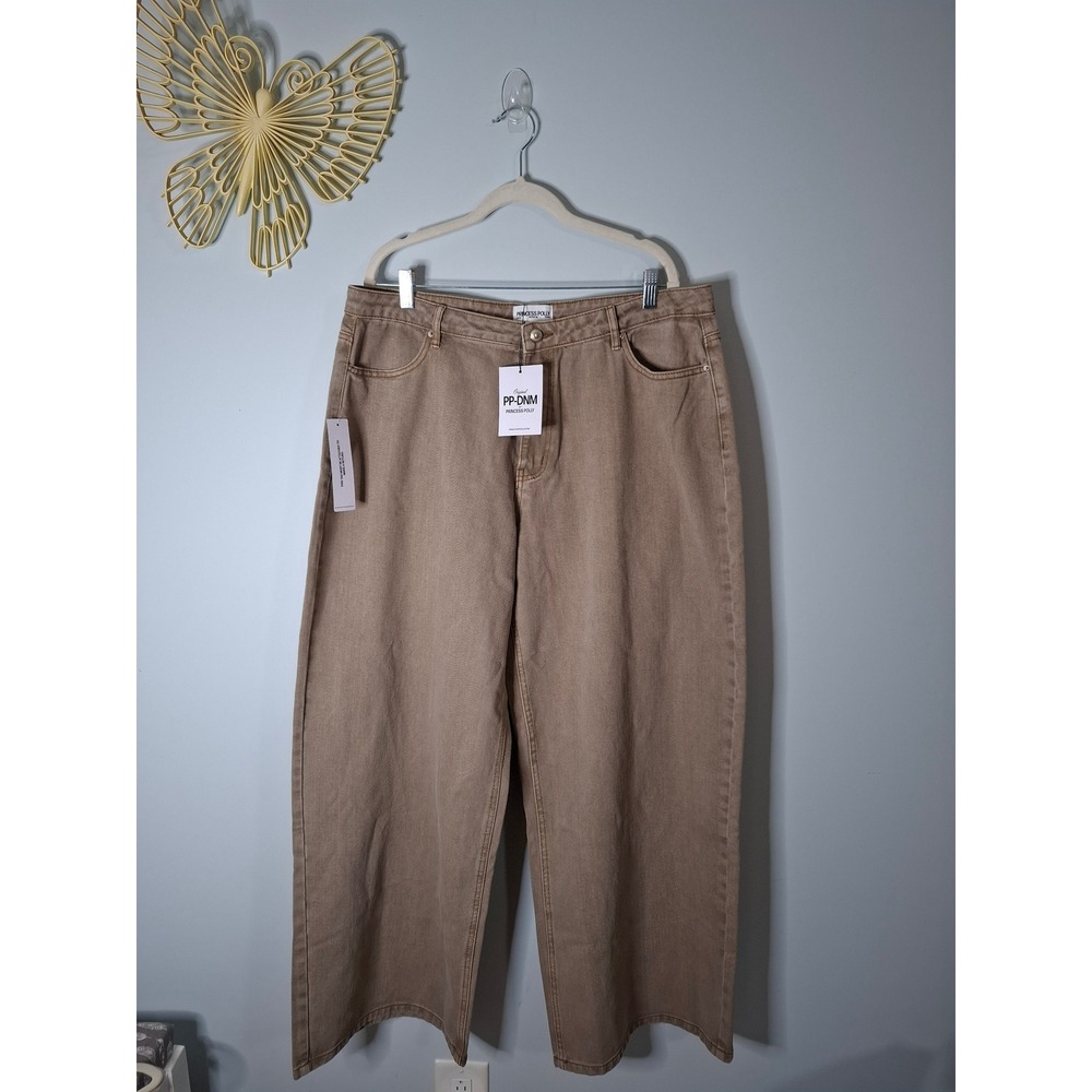 Princess Polly Naylor Mid Rise Wide Leg Jeans Light Brown Wash US 12 Tan Denim